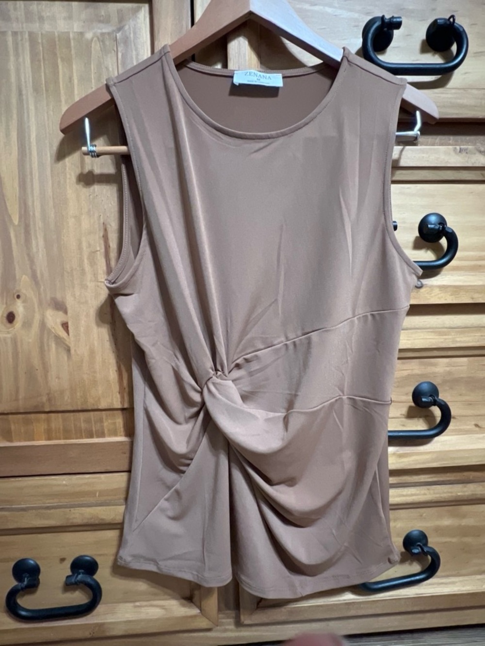 Zenana Outfitters Twist-Front Sleeveless Tank in Taupe